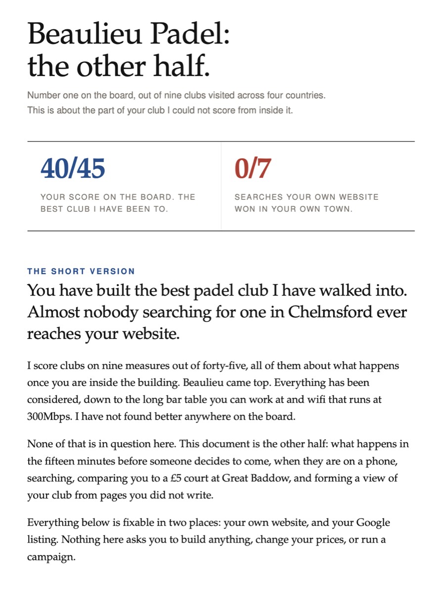 The opening page of the free Padel Living report for Beaulieu Padel, showing a score of 40 out of 45 on the board against 0 of 7 searches their own website won in their own town