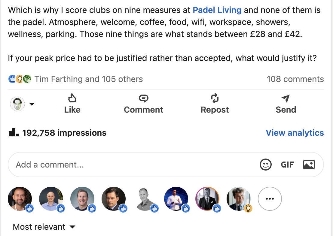 The LinkedIn post on UK court pricing, showing 108 comments and 192,758 impressions